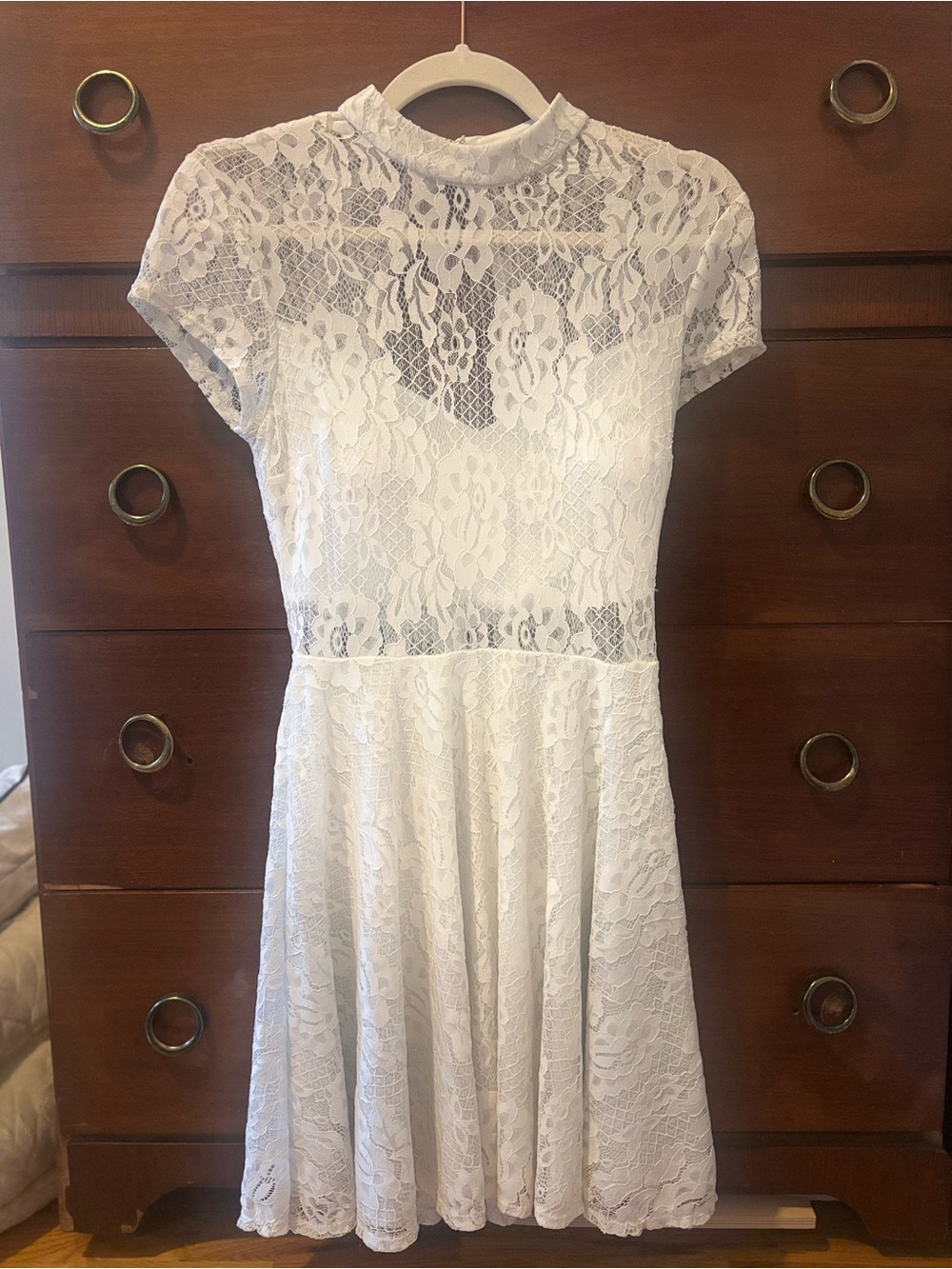 City Triangles White Lace High-Neck Fit & Flare Mini Dress